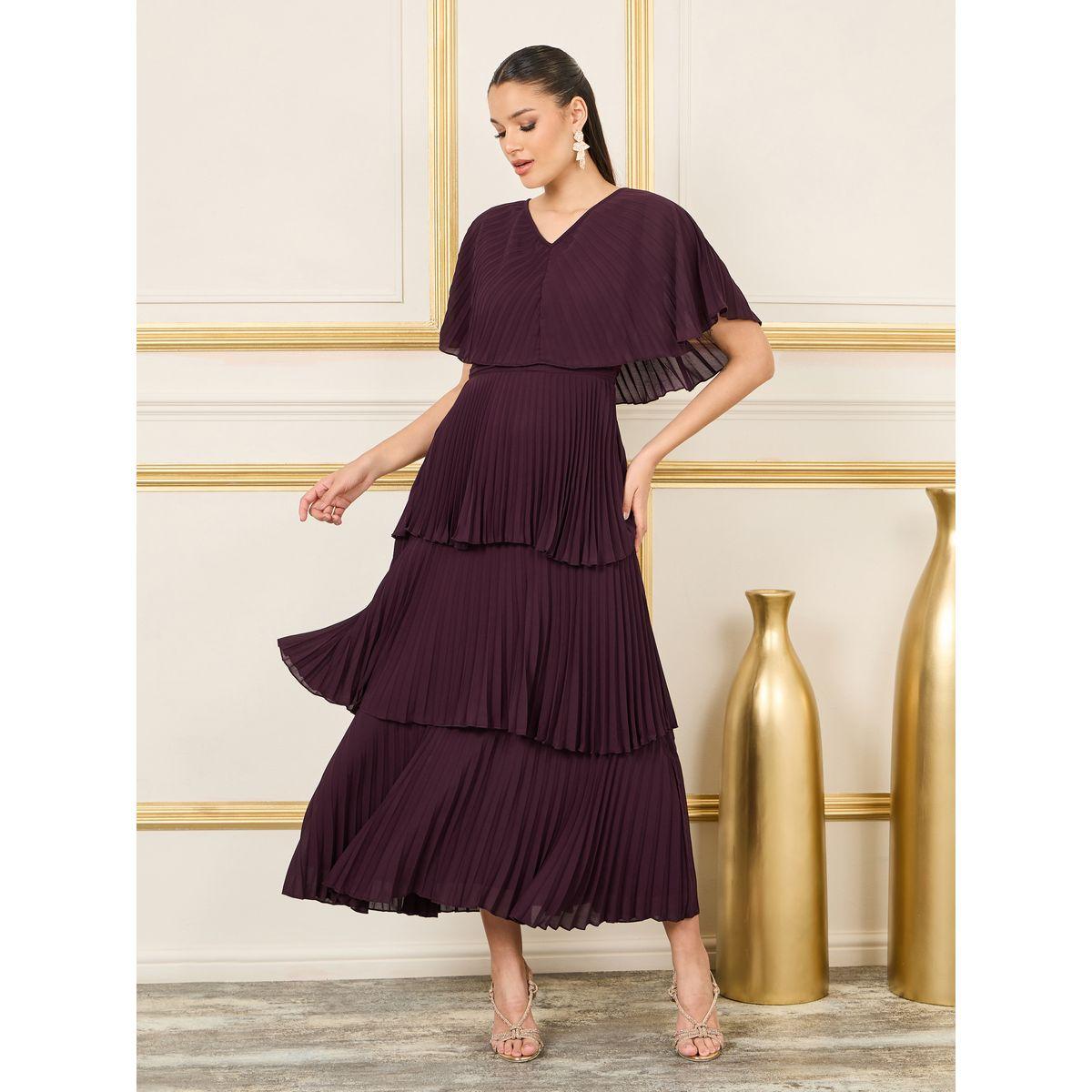 Buy Women s Styli Pleated Cape Sleeves Layered Tiered Maxi Dress Online Centrepoint KSA