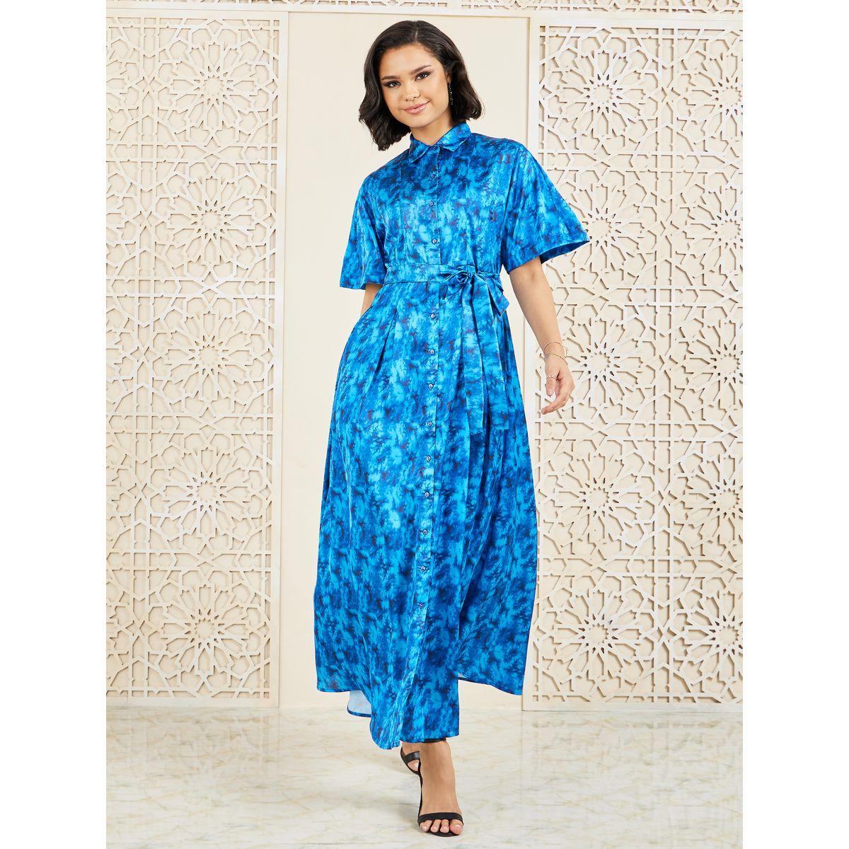 Styli All Over Print Collared Maxi Dress with Self Tie Up-women-clothing-dresses-image-1