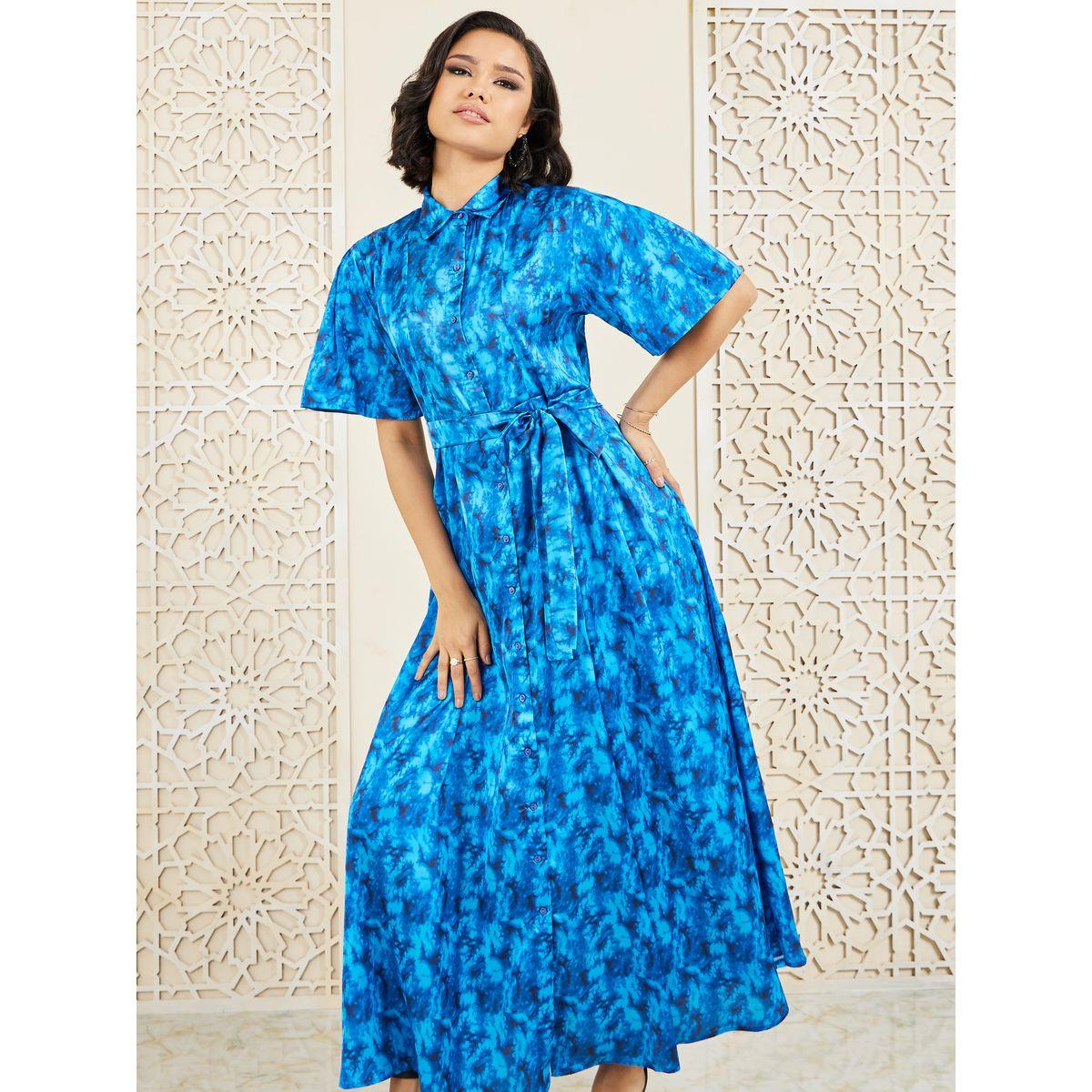 Styli All Over Print Collared Maxi Dress with Self Tie Up-women-clothing-dresses-image-2