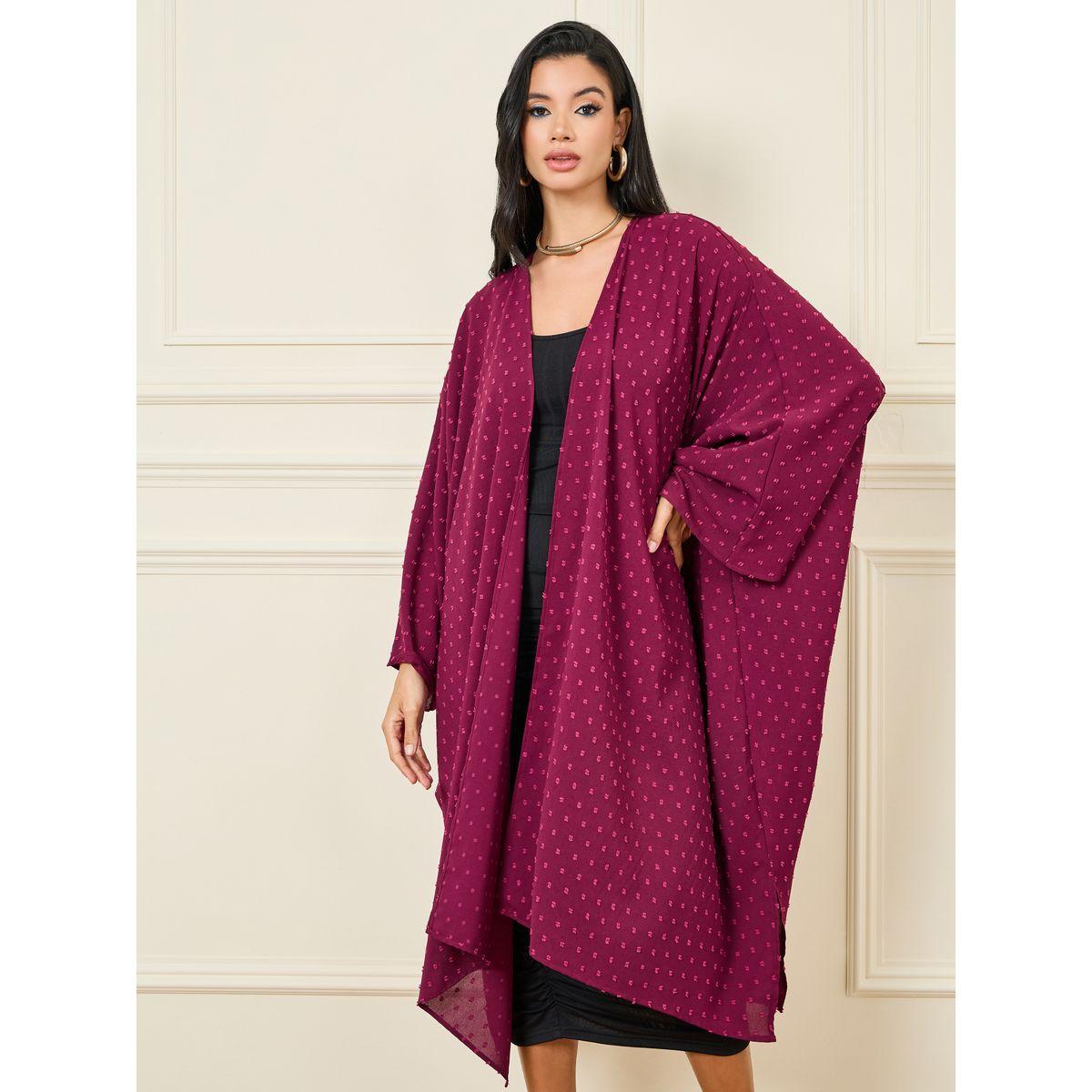 Styli Oversized Dobby Texture Asymmetrical Hem Kimono-women-clothing-shirtsandblouses-shirts-image-1
