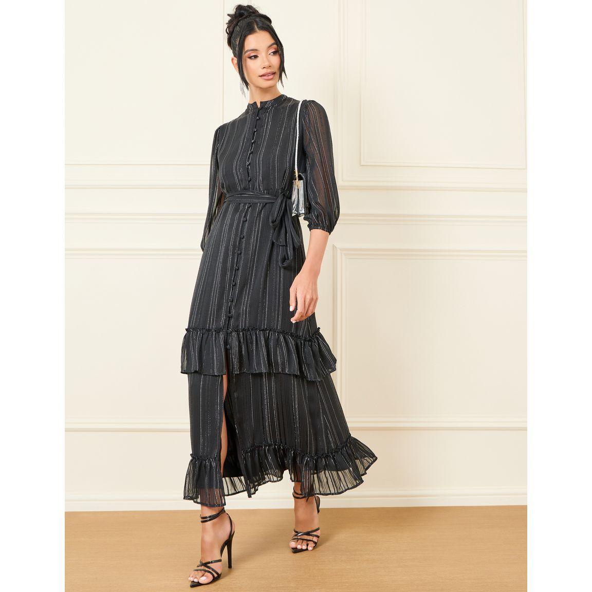 Styli Lurex Striped High Neck Ruffle Detail Tiered Maxi Dress-women-clothing-dresses-image-1