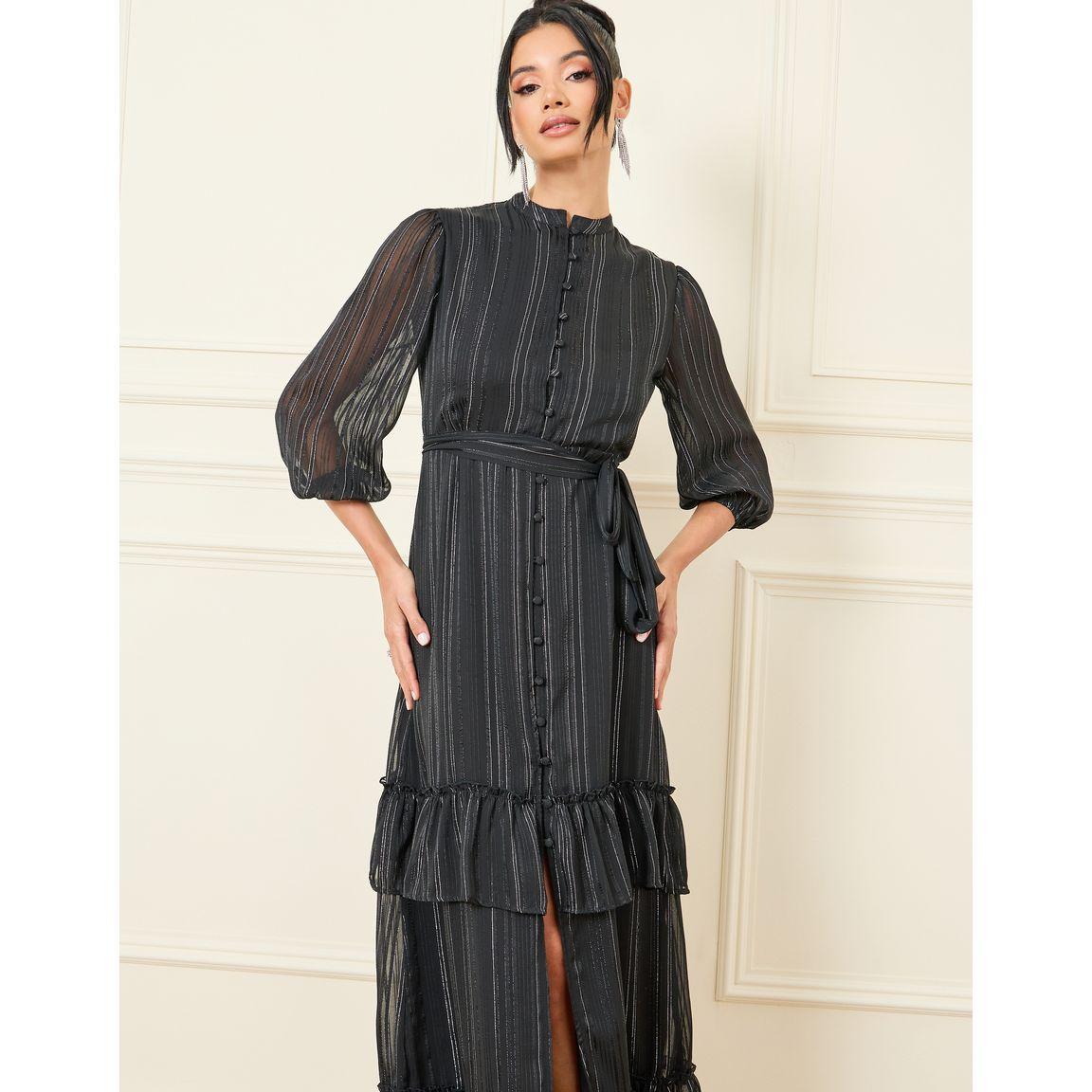 Styli Lurex Striped High Neck Ruffle Detail Tiered Maxi Dress-women-clothing-dresses-image-2