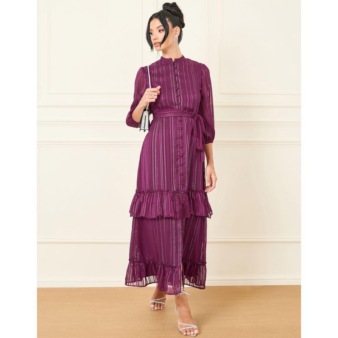 Styli Lurex Striped High Neck Ruffle Detail Tiered Maxi Dress-women-clothing-dresses-image-1