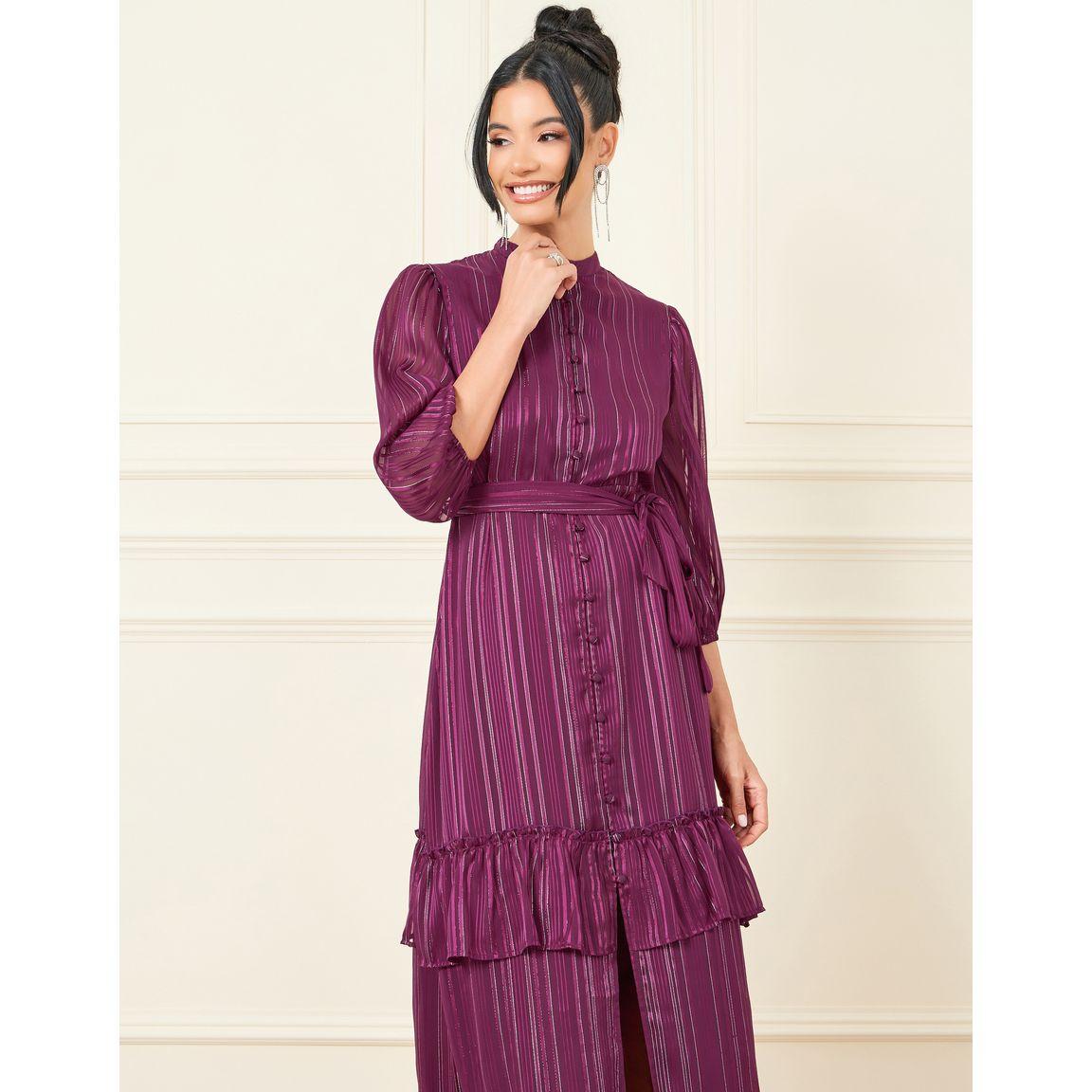 Styli Lurex Striped High Neck Ruffle Detail Tiered Maxi Dress-women-clothing-dresses-image-2