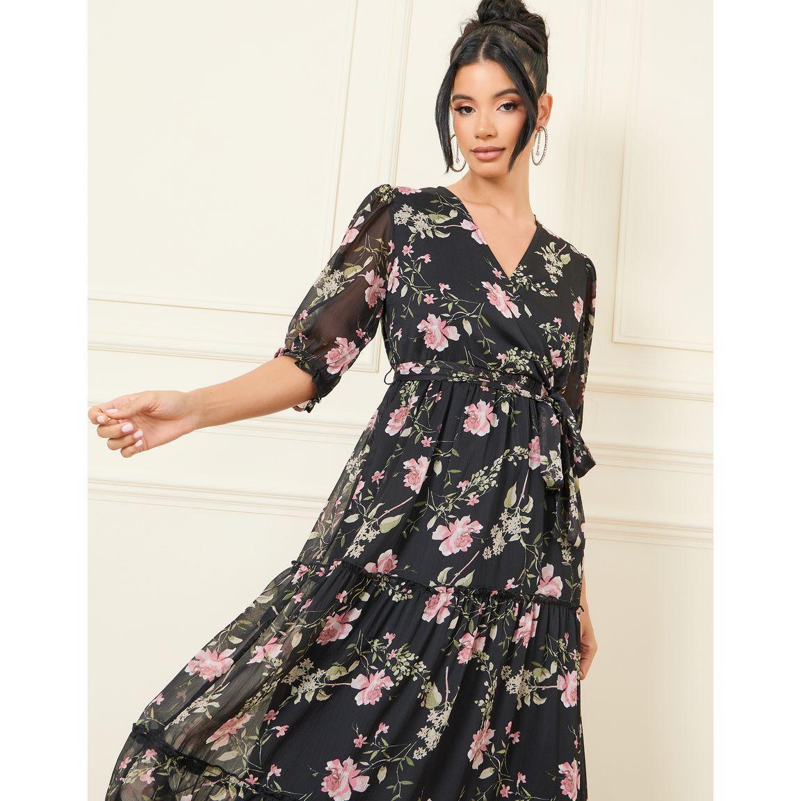 Styli Floral Print Tiered Maxi Dress with Tie Up-women-clothing-dresses-image-2