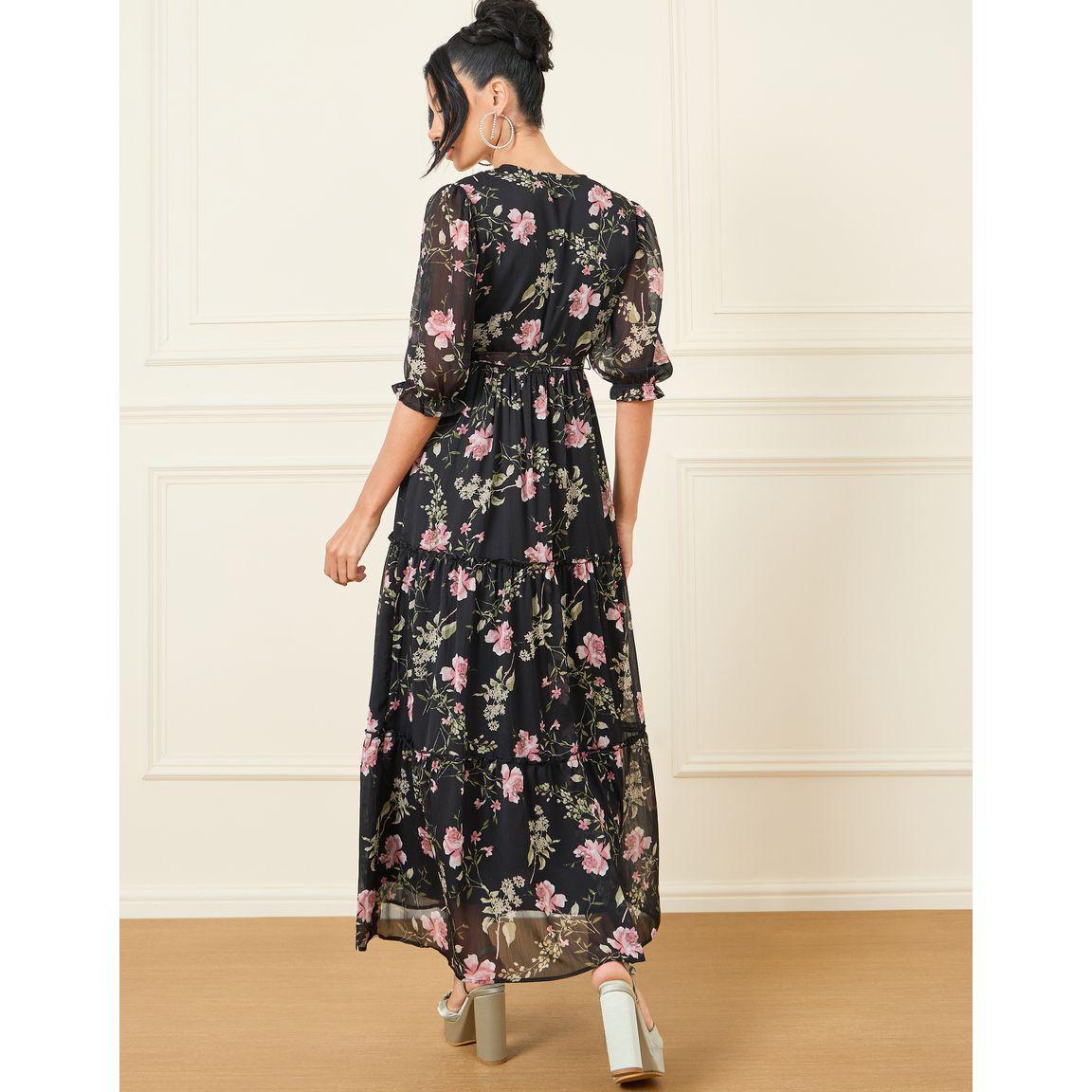 Styli Floral Print Tiered Maxi Dress with Tie Up-women-clothing-dresses-image-4