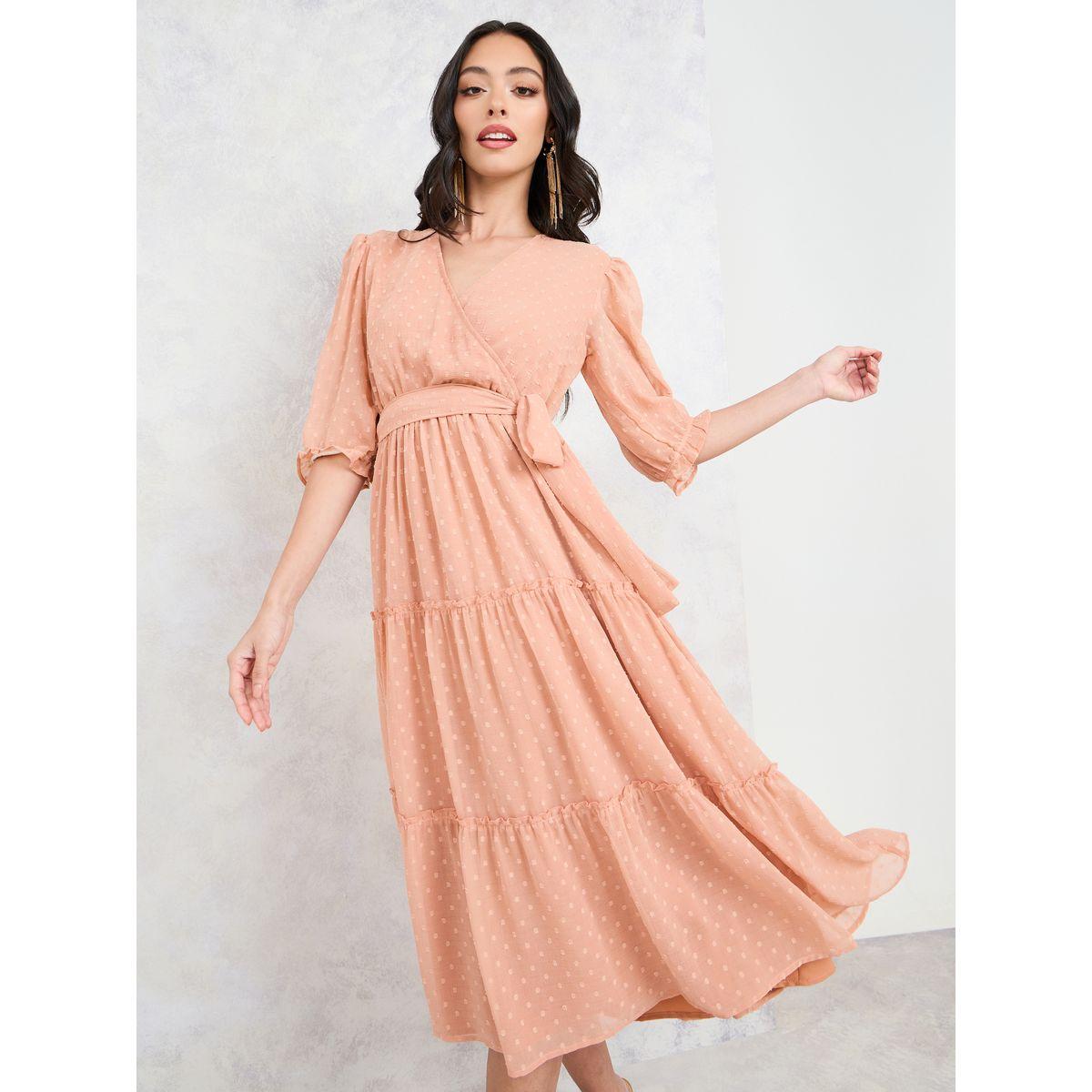 Styli Dobby Tiered Wrap Midi Dress with Self Tie Up-women-clothing-dresses-image-1