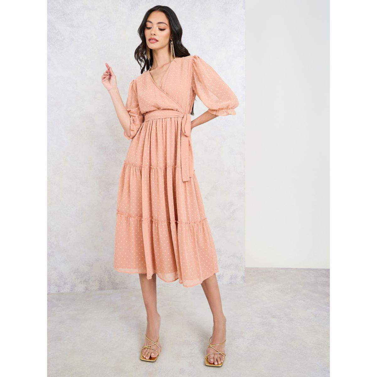 Styli Dobby Tiered Wrap Midi Dress with Self Tie Up-women-clothing-dresses-image-2