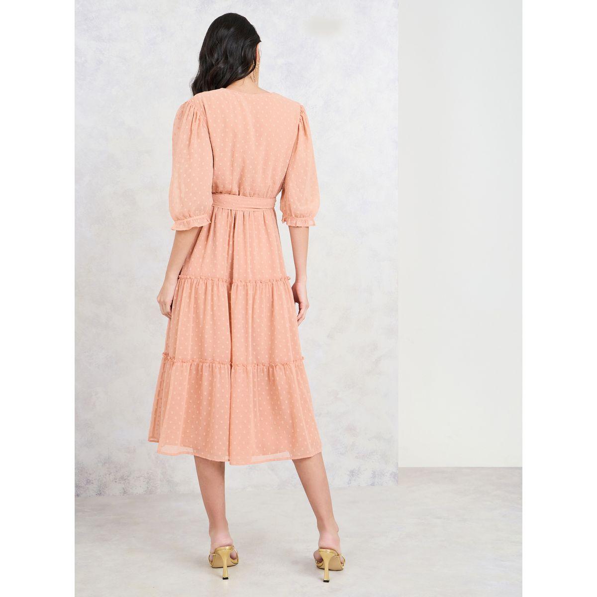 Styli Dobby Tiered Wrap Midi Dress with Self Tie Up-women-clothing-dresses-image-4