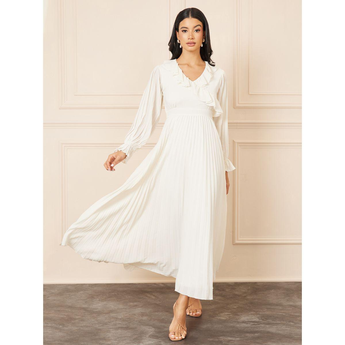 Styli Accordion Pleat Ruffle V Neck A-Line Maxi Dress-women-clothing-dresses-image-1