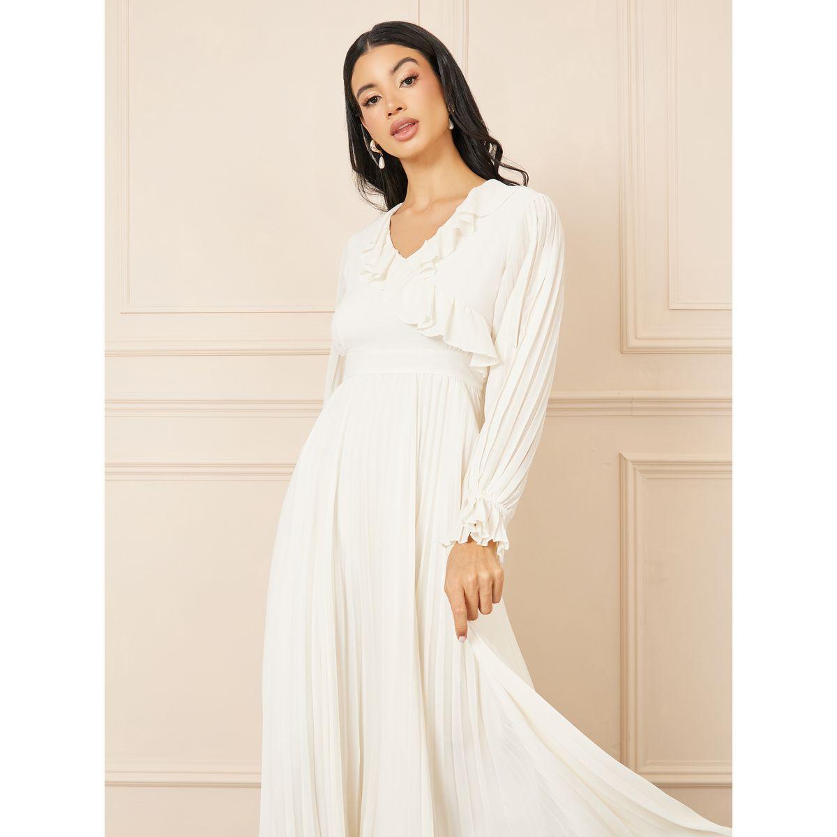 Styli Accordion Pleat Ruffle V Neck A-Line Maxi Dress-women-clothing-dresses-image-2