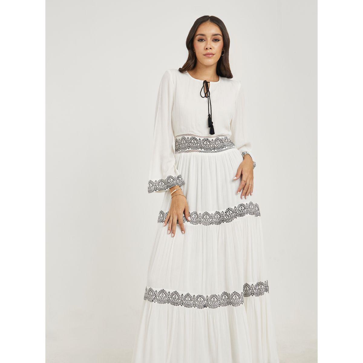 فستان طويل بكسرات مع ياقة بأربطة-women-clothing-dresses-image-2
