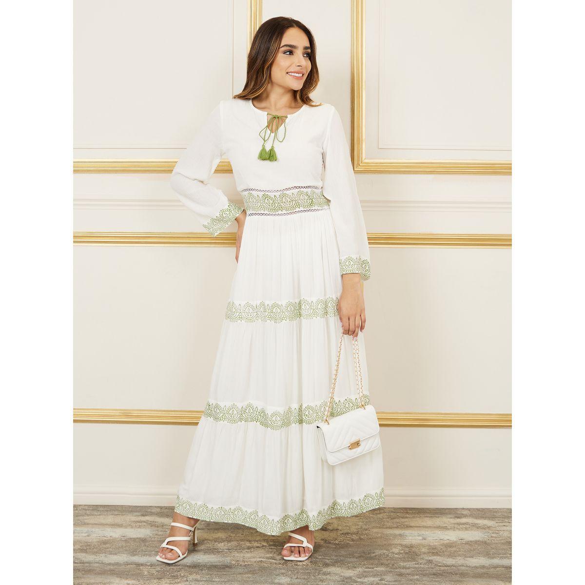 فستان طويل بكسرات مع ياقة بأربطة-women-clothing-dresses-image-1