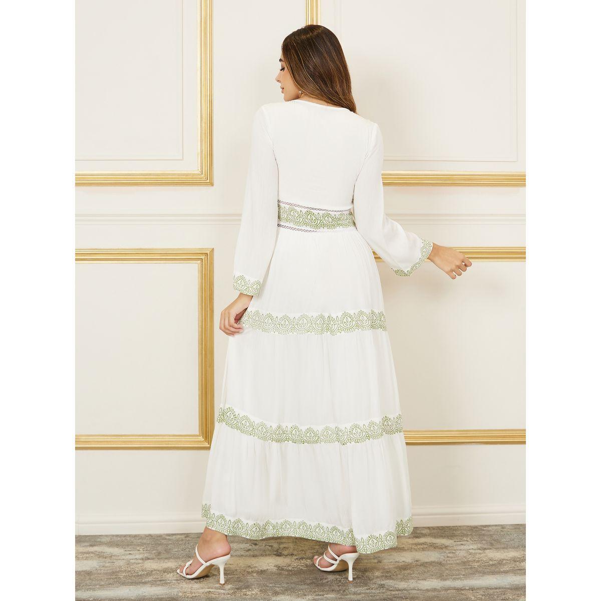 Styli Contrast Printed Tie Up Neck Tassel Detail Tiered Maxi Dress-women-clothing-dresses-image-4