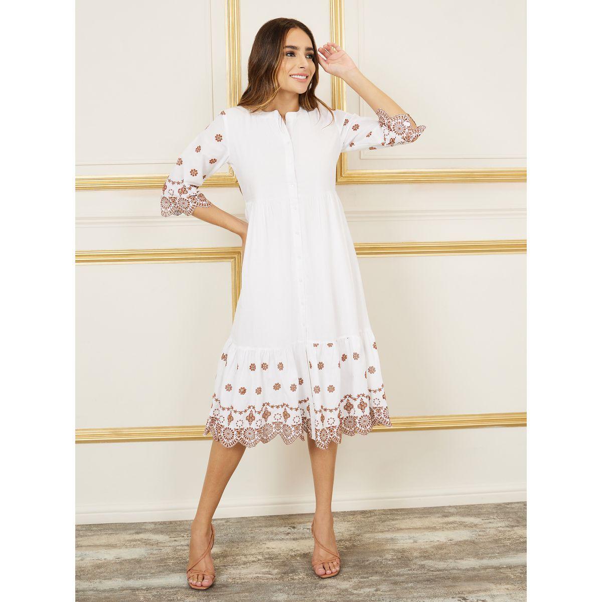 Styli Contrast Broderie Front Button Closure Tiered Midi Dress-women-clothing-dresses-image-1