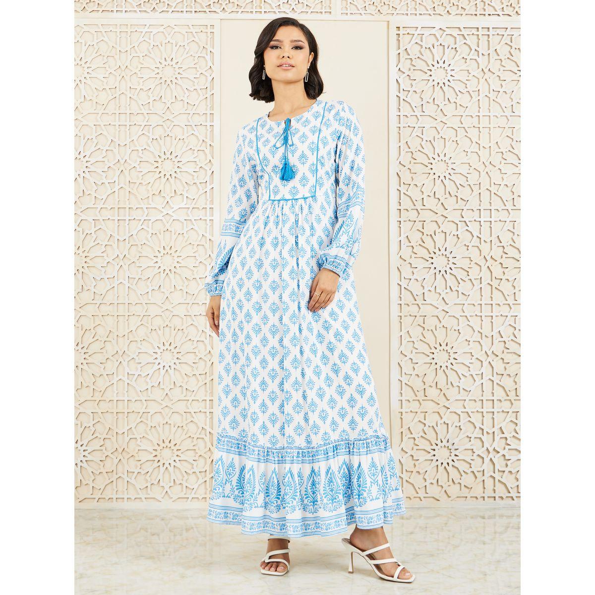 فستان طويل بطبعة داماسك وياقة بأربطة-women-clothing-dresses-image-1