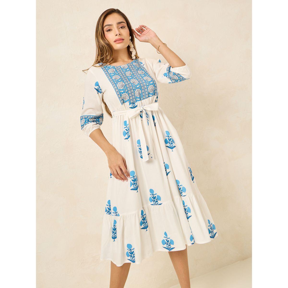 Styli All Over Print 3/4 Sleeve A-Line Midi Dress-women-clothing-dresses-image-1