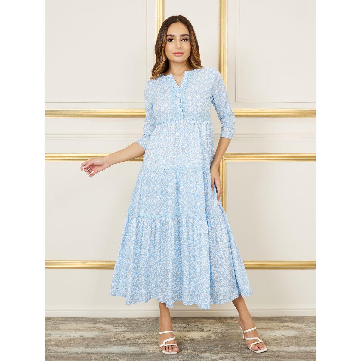 Styli Block Print Lace Insert Front Button Closure Tiered Maxi Dress-women-clothing-dresses-image-1