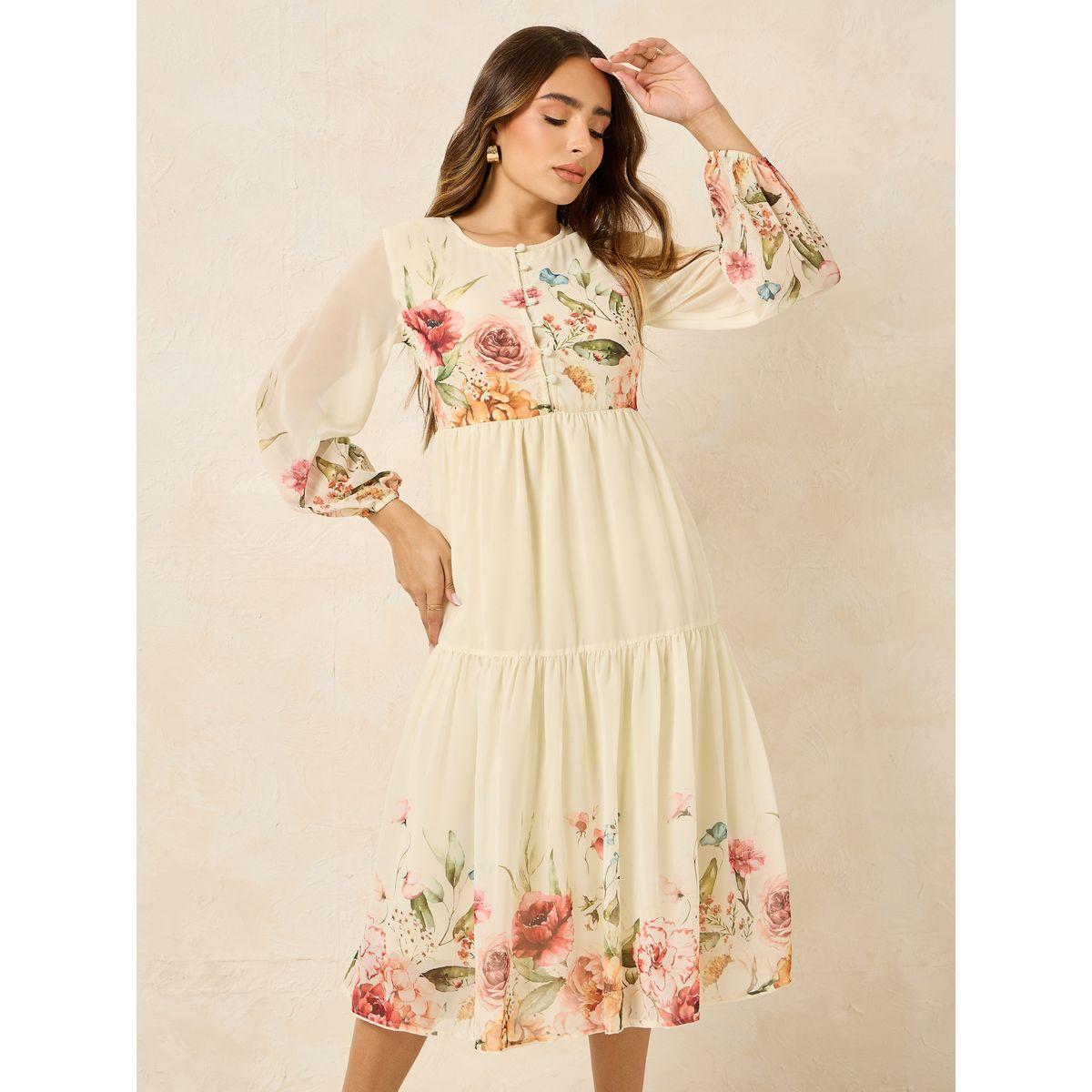 فستان ميدي بحافة واسعة وطبعة زهور-women-clothing-dresses-image-2