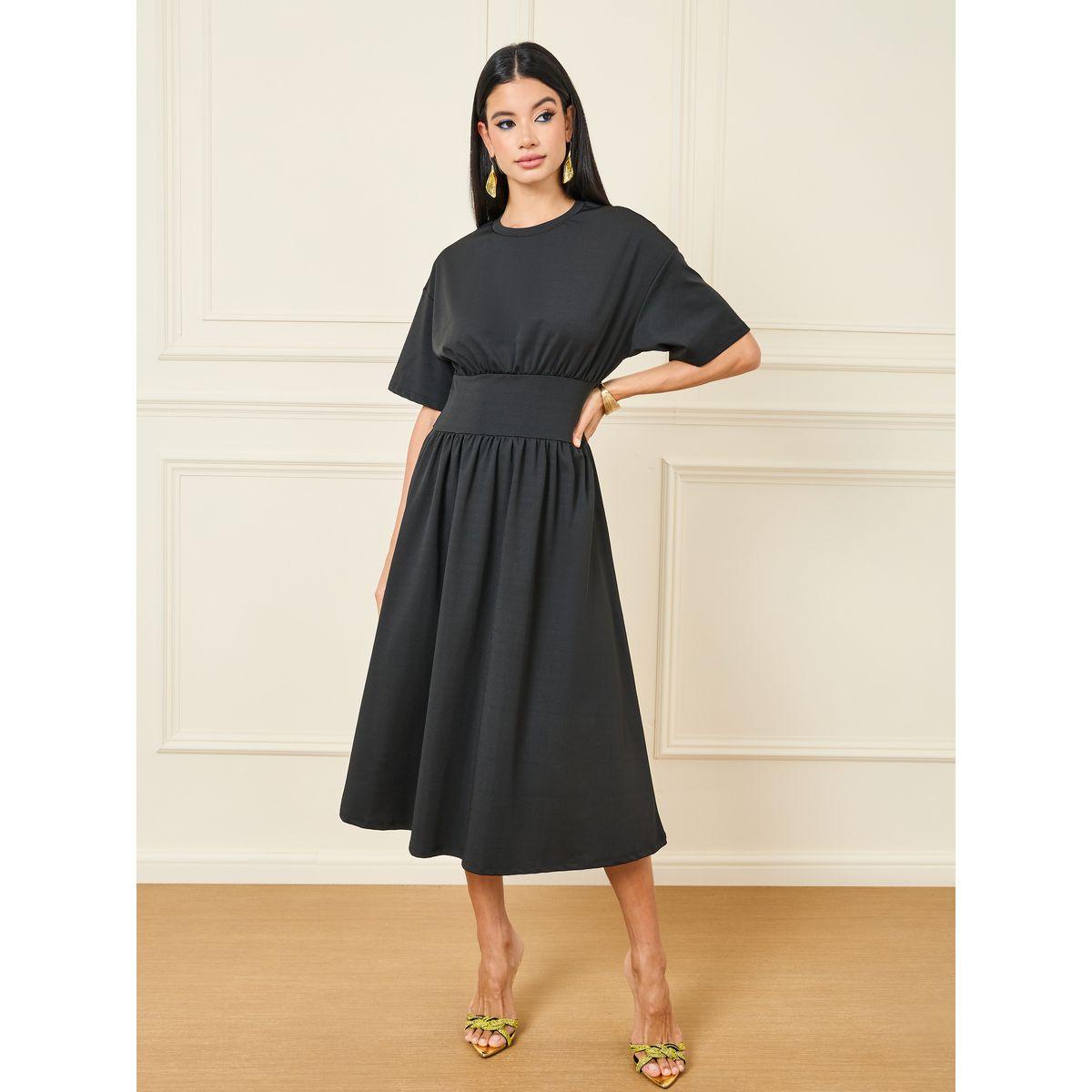 Styli Gathered Detail Solid A-Line Midi Dress-women-clothing-dresses-image-1