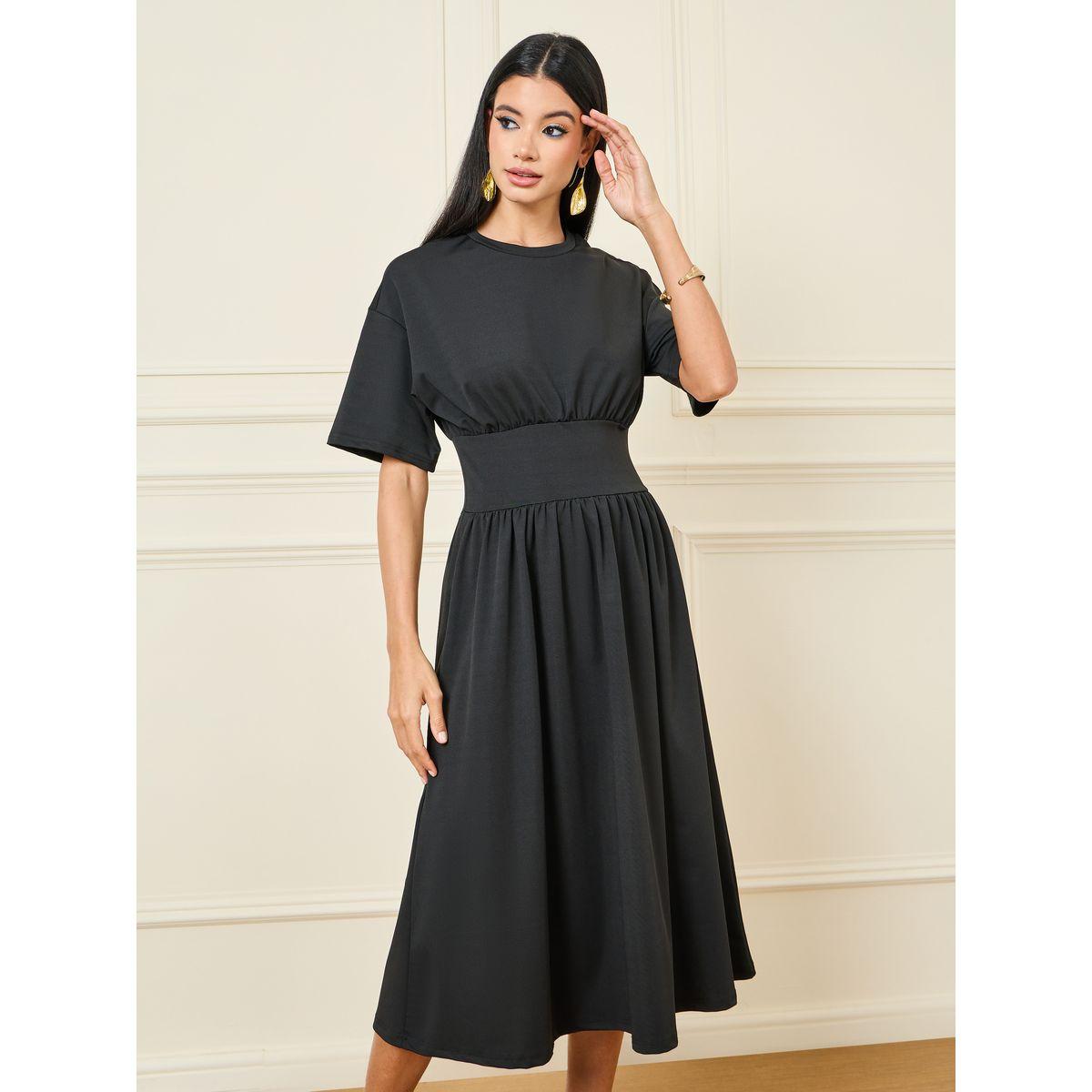 Styli Gathered Detail Solid A-Line Midi Dress-women-clothing-dresses-image-2