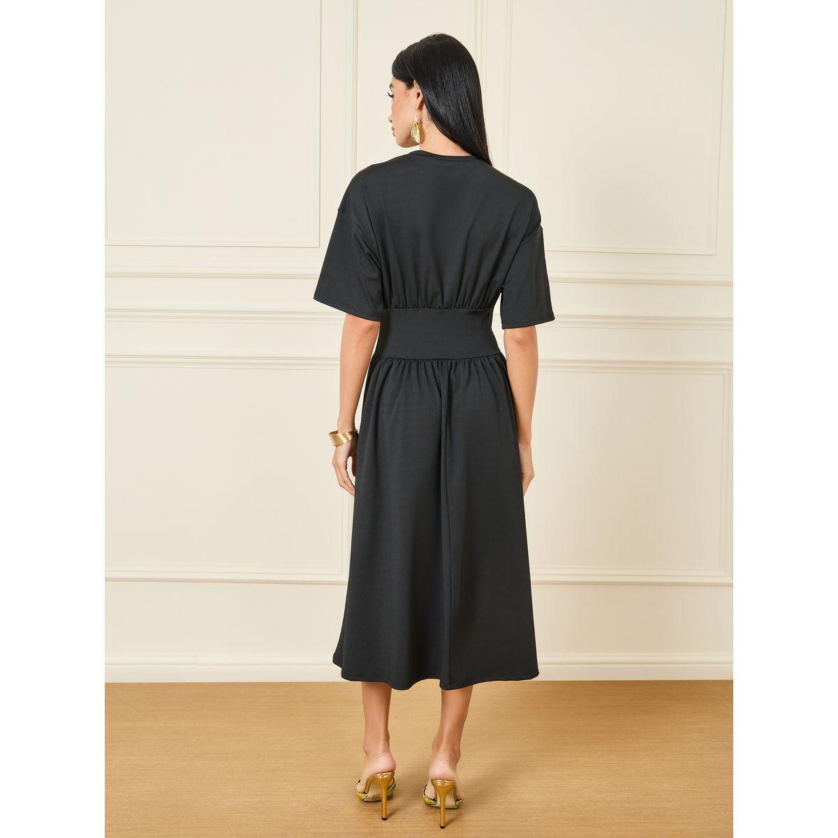 Styli Gathered Detail Solid A-Line Midi Dress-women-clothing-dresses-image-4