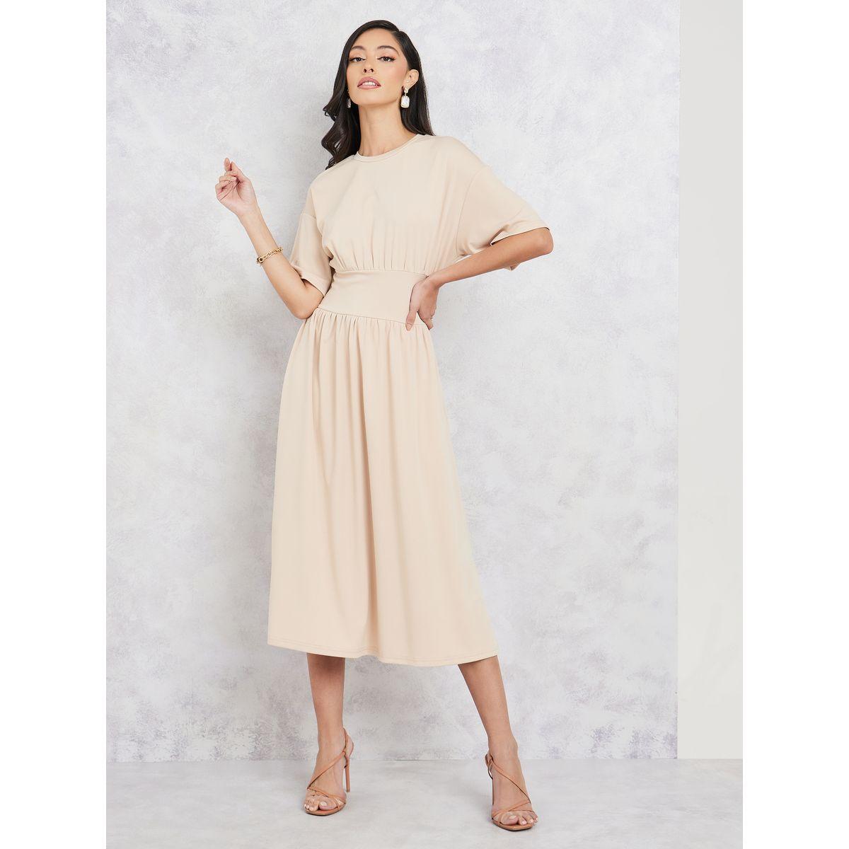 Styli Solid Drop Shoulder Sleeves A-Line Midi Dress-women-clothing-dresses-image-1