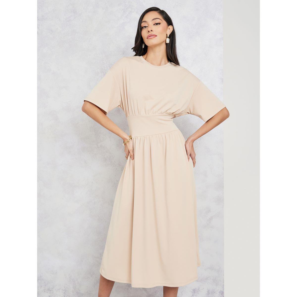 فستان ميدي سادة بأكتاف منخفضة-women-clothing-dresses-image-2