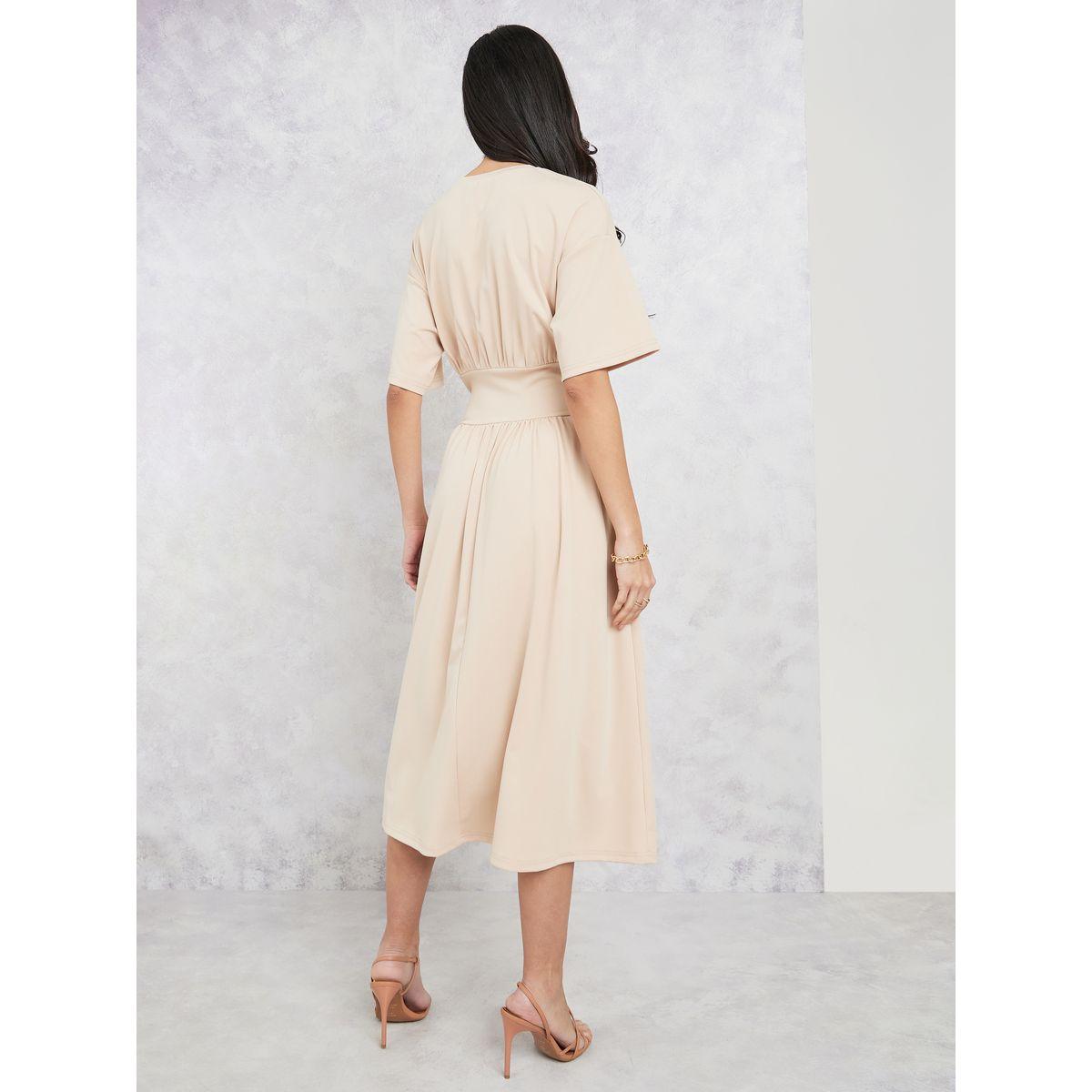 Styli Solid Drop Shoulder Sleeves A-Line Midi Dress-women-clothing-dresses-image-4