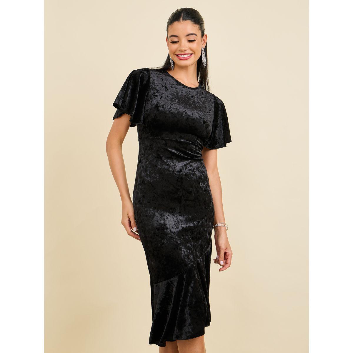 Styli Velvet Sheath Midi Dress with Frill Hem-women-clothing-dresses-image-2