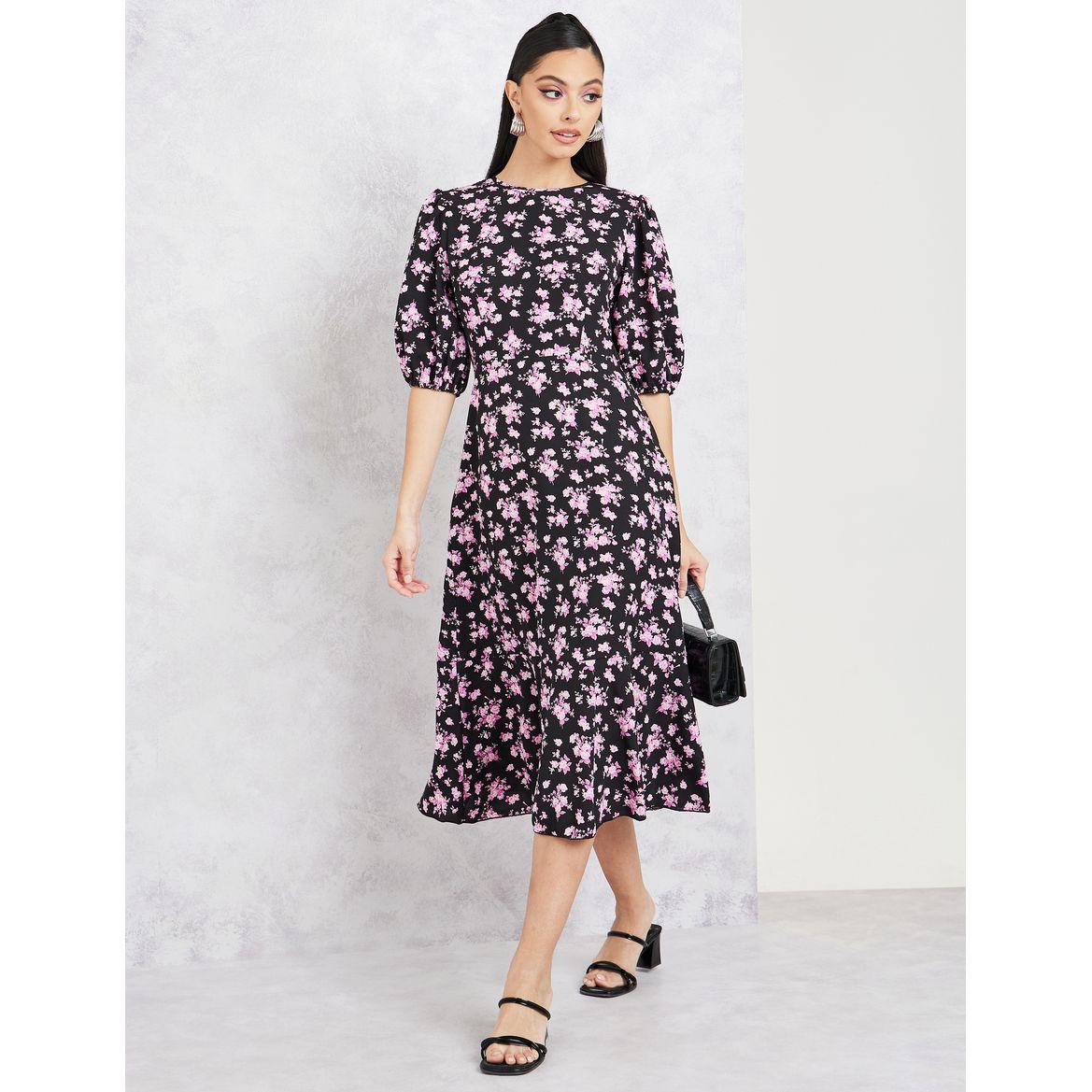 Styli Printed A-Line Midi Dress with Puff Sleeves-women-clothing-dresses-image-1