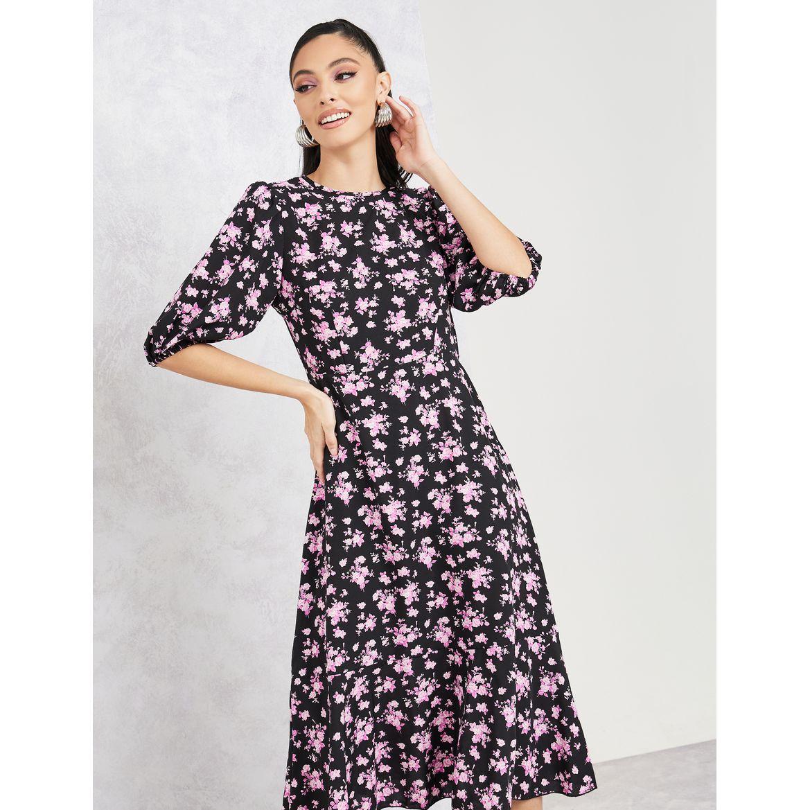 Styli Printed A-Line Midi Dress with Puff Sleeves-women-clothing-dresses-image-2