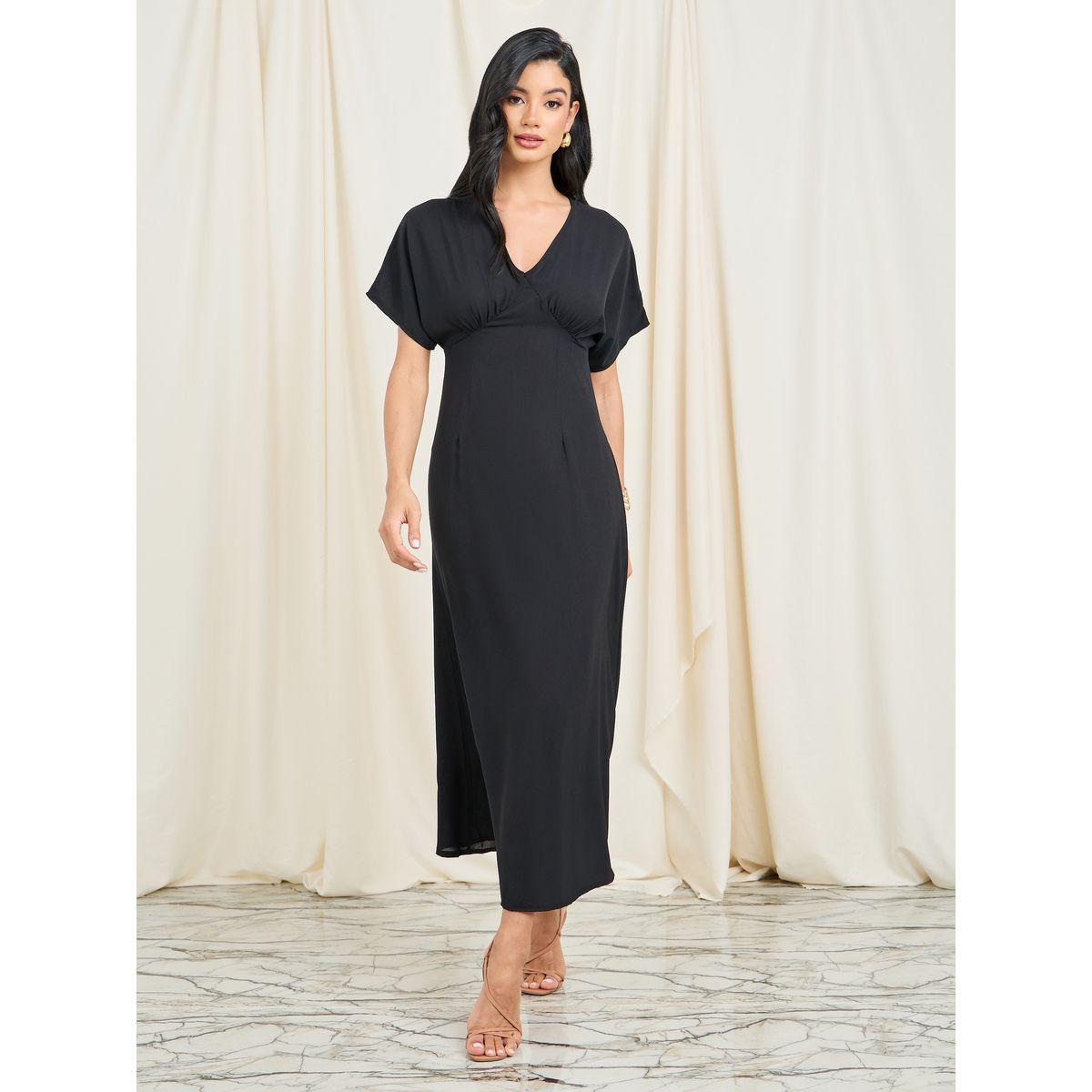 Styli Solid V Neck A-Line Midi Dress-women-clothing-dresses-image-1