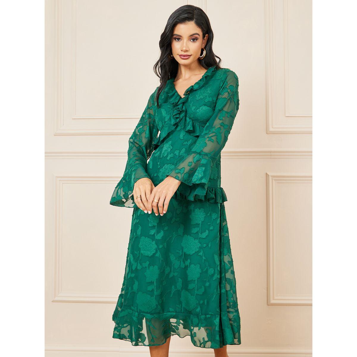 Styli Floral Textured Ruffle Detail Shift Midi Dress-women-clothing-dresses-image-2