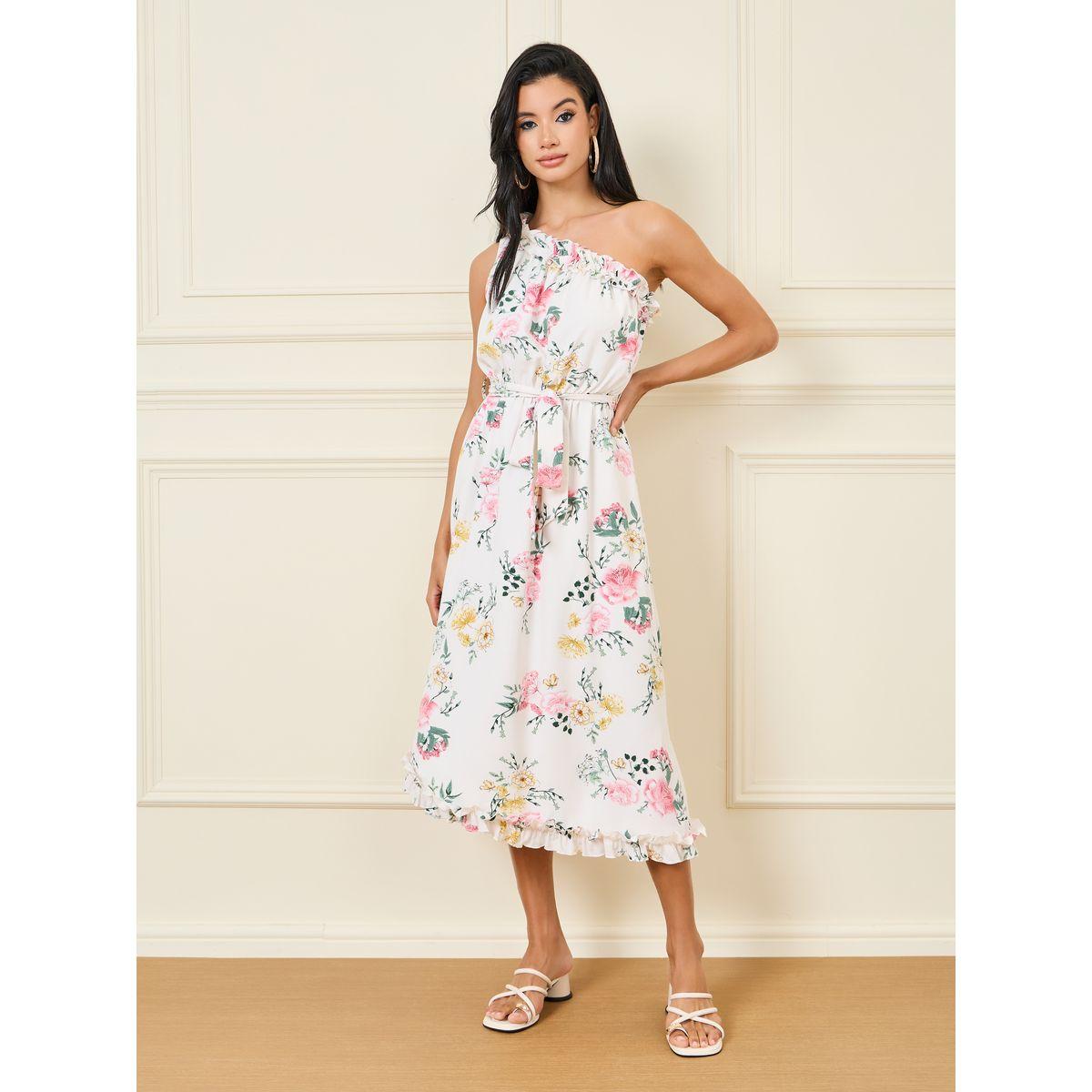 Styli Floral Print Ruffle Detail One Shoulder Neck A-Line Midi Dress-women-clothing-dresses-image-2