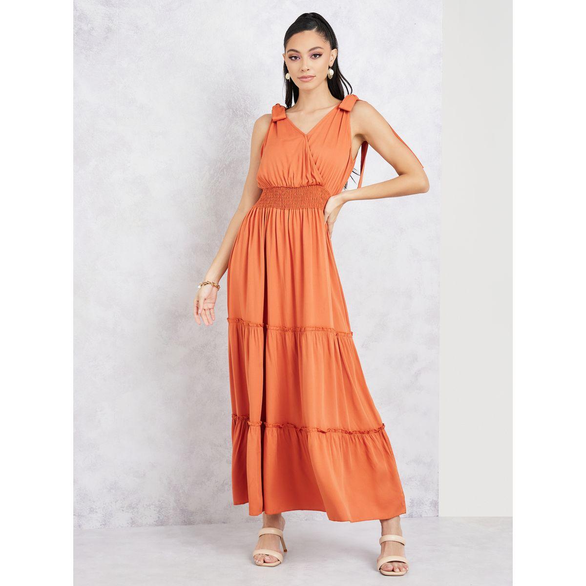 Styli Tie Up Sleeves Smocked Waistline Tiered Maxi Dress-women-clothing-dresses-image-1