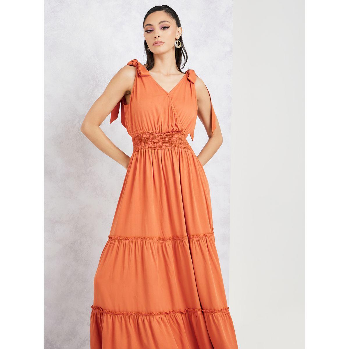 Styli Tie Up Sleeves Smocked Waistline Tiered Maxi Dress-women-clothing-dresses-image-2