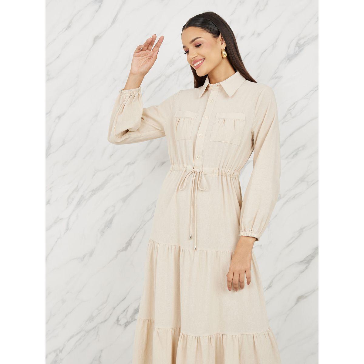فستان طويل بكسرات وتفاصيل جيوب مع اربطة-women-clothing-dresses-image-2