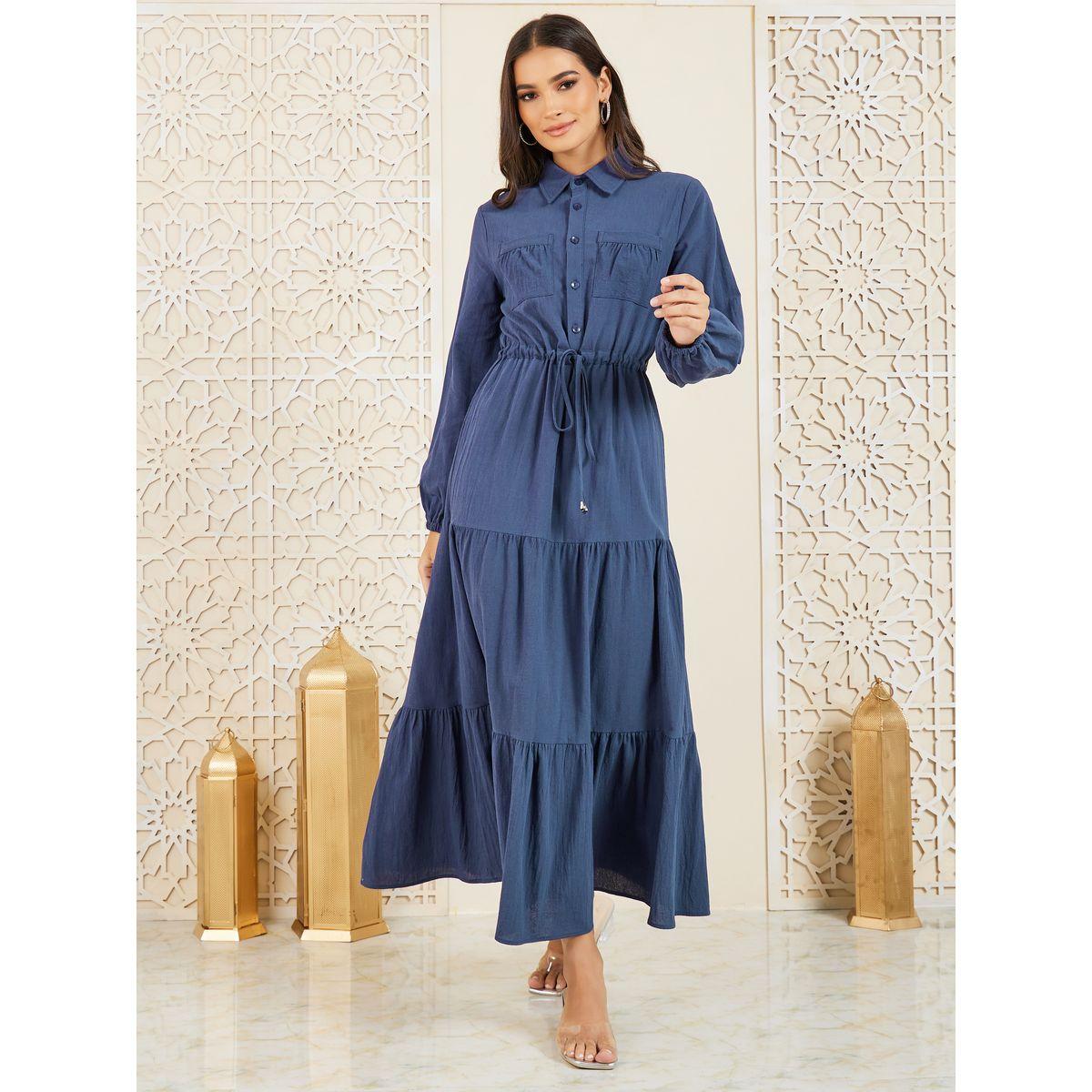 Styli Pocket Detail Collared Tiered Maxi Dress-women-clothing-dresses-image-1