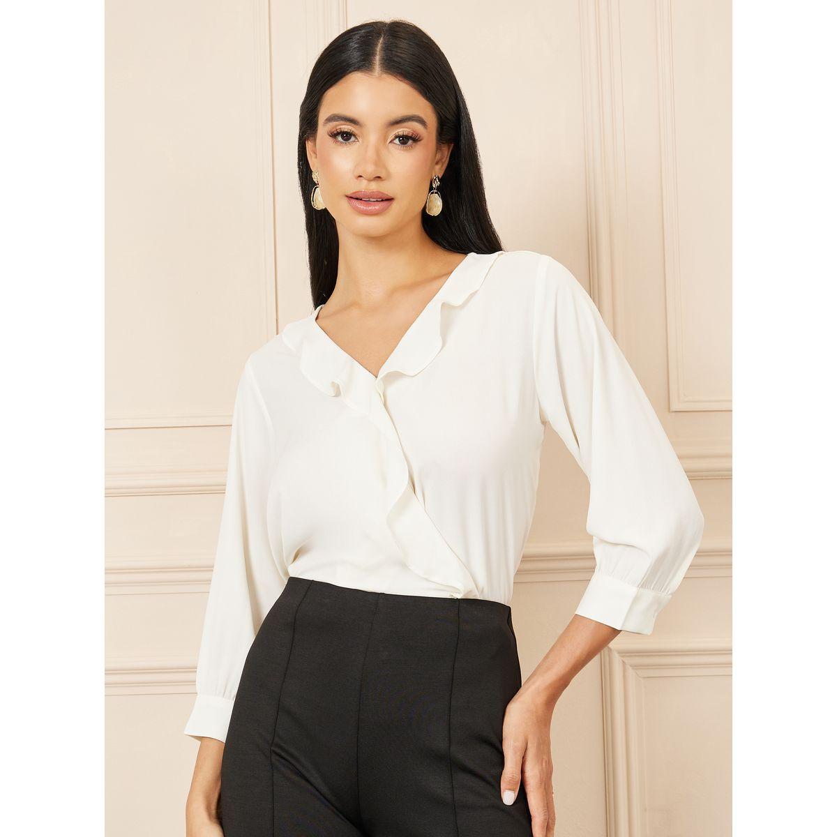 Styli Moss Crepe V Neck Ruffle Detail Top-women-clothing-shirtsandblouses-blouses-image-1