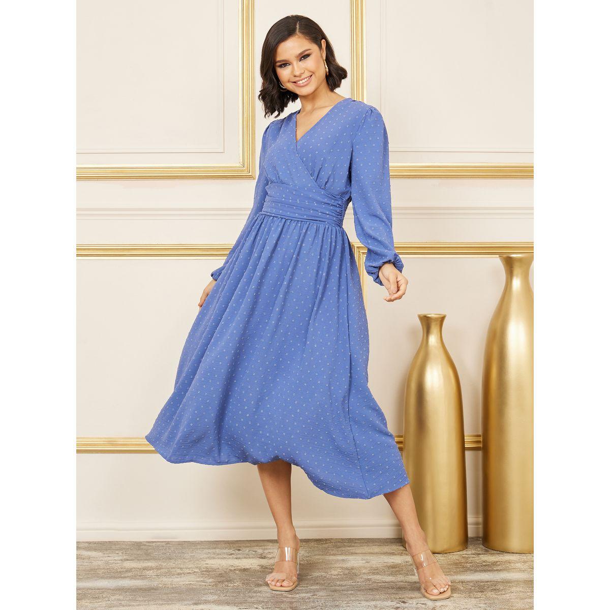 Styli Dobby Pleated Smocked Waist A-Line Midi Dress-women-clothing-dresses-image-1