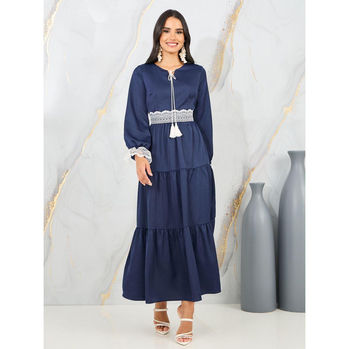 فستان طويل بكسرات وياقة بأربطة-women-clothing-dresses-image-1