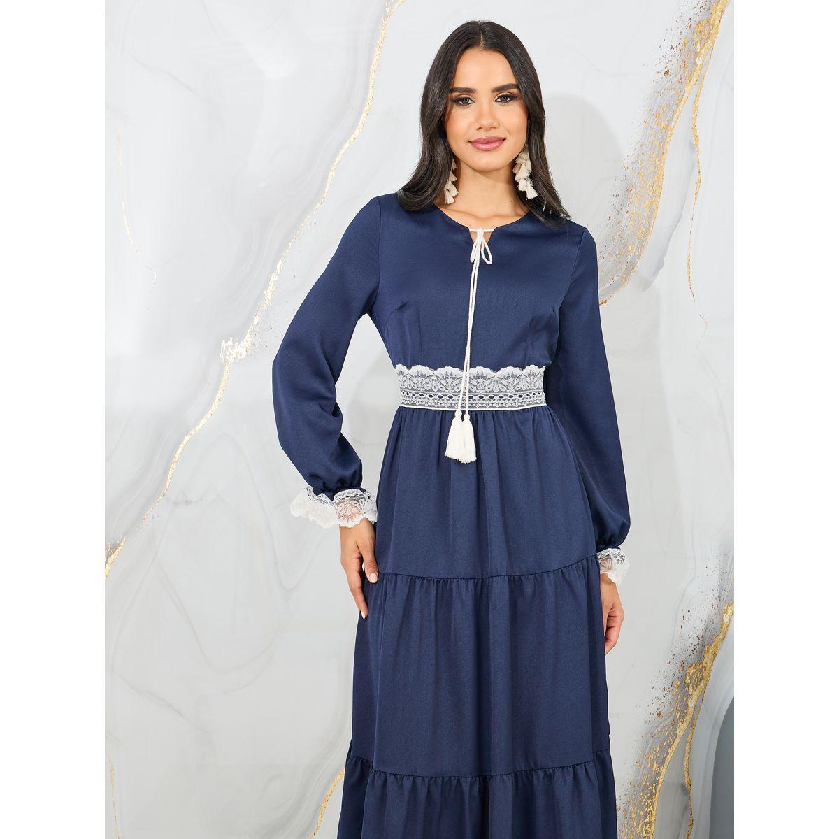 فستان طويل بكسرات وياقة بأربطة-women-clothing-dresses-image-2