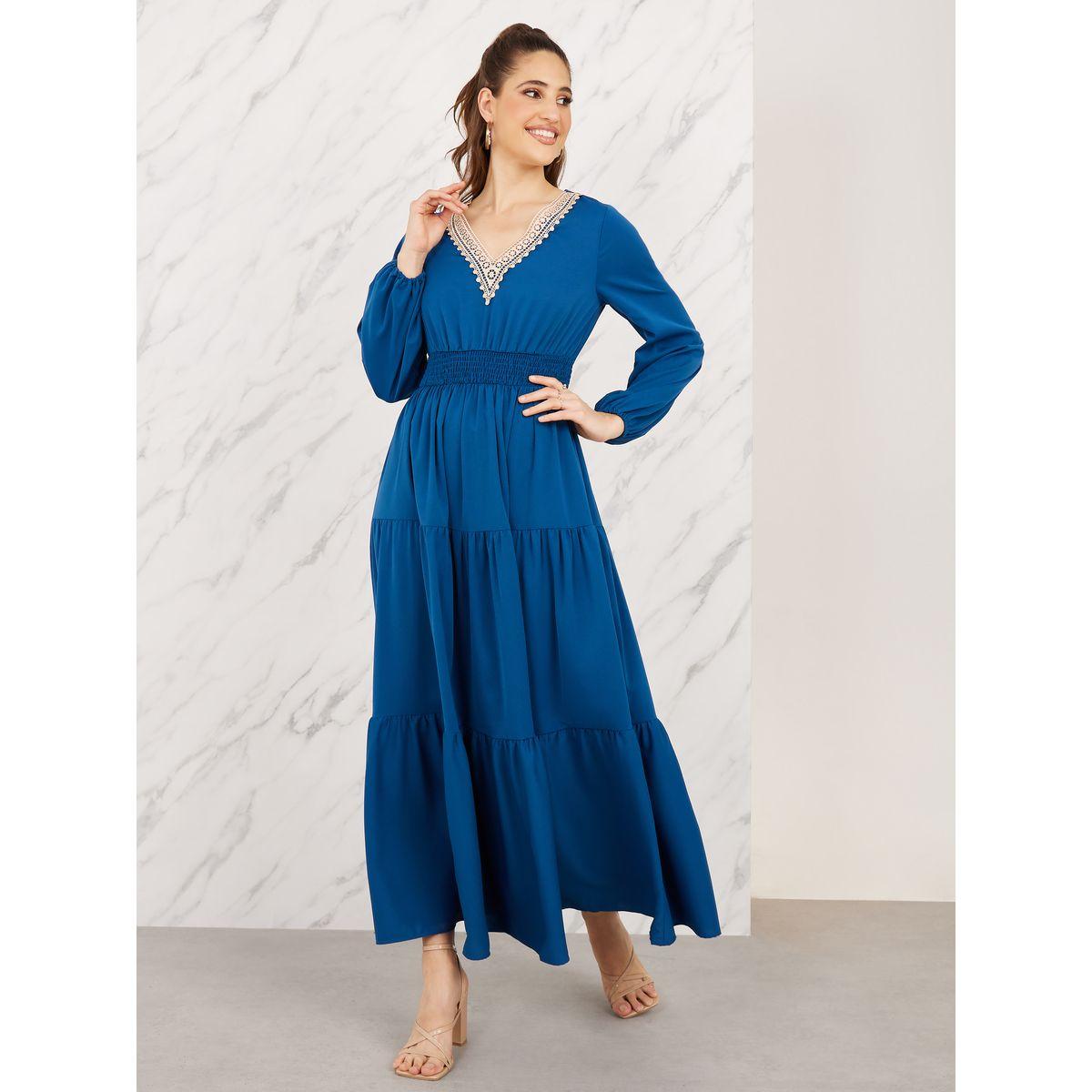 Styli Lace Trim V Neck Smocked Waist Tiered Maxi Dress-women-clothing-dresses-image-1