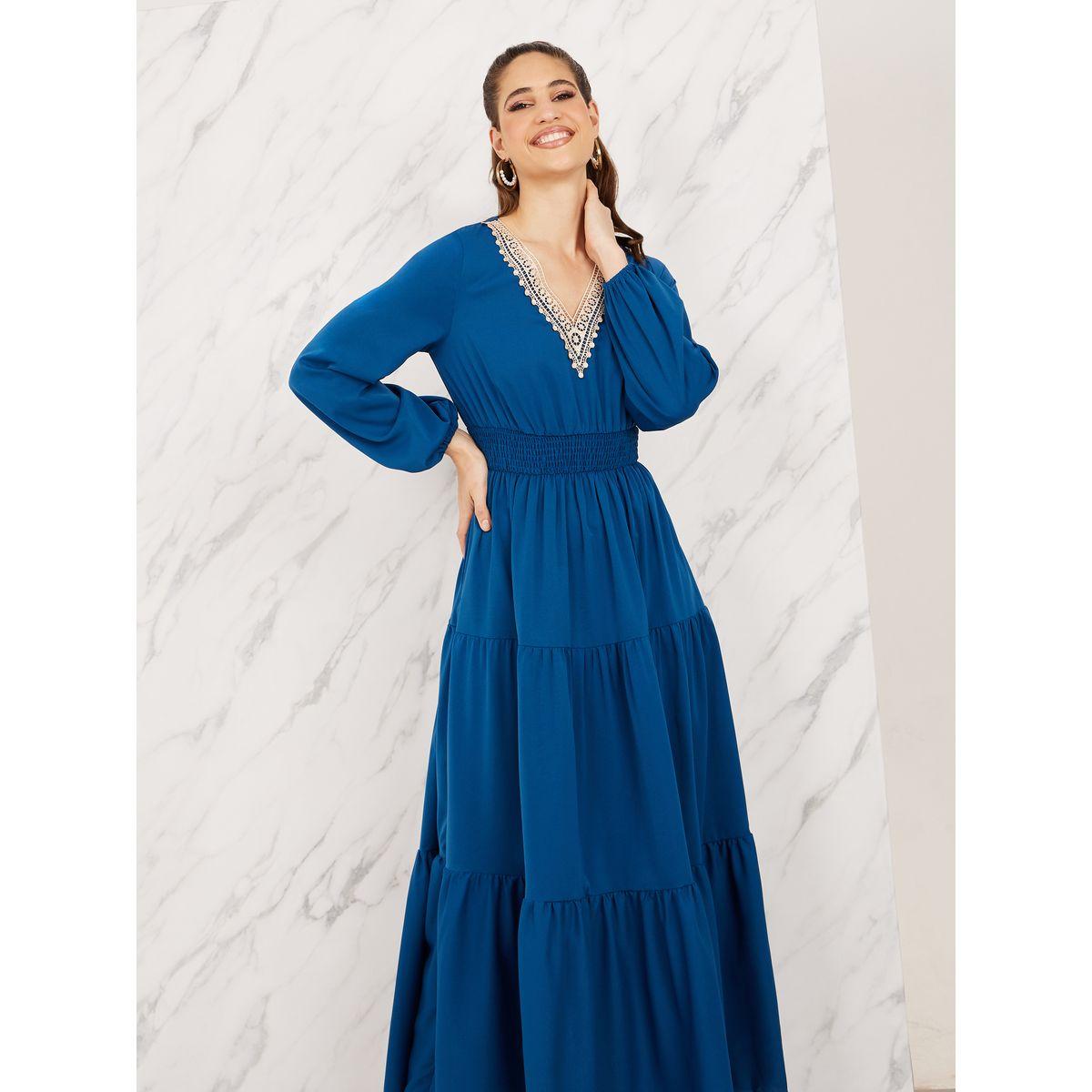 Styli Lace Trim V Neck Smocked Waist Tiered Maxi Dress-women-clothing-dresses-image-2