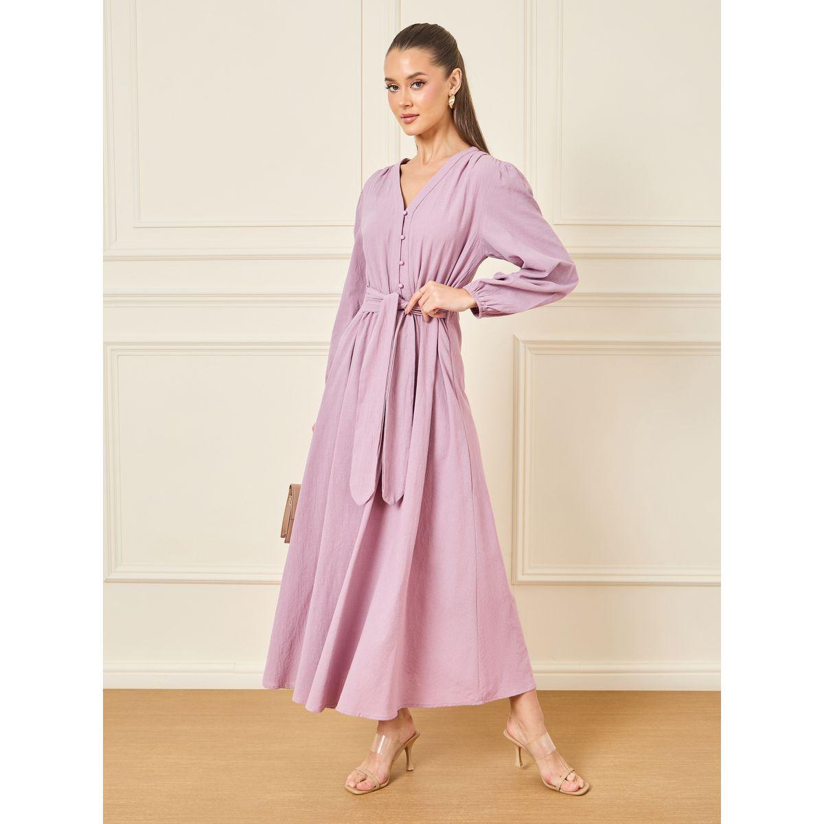 Styli Balloon Sleeves Front Button and Tie Up A-Line Dress-women-clothing-dresses-image-1