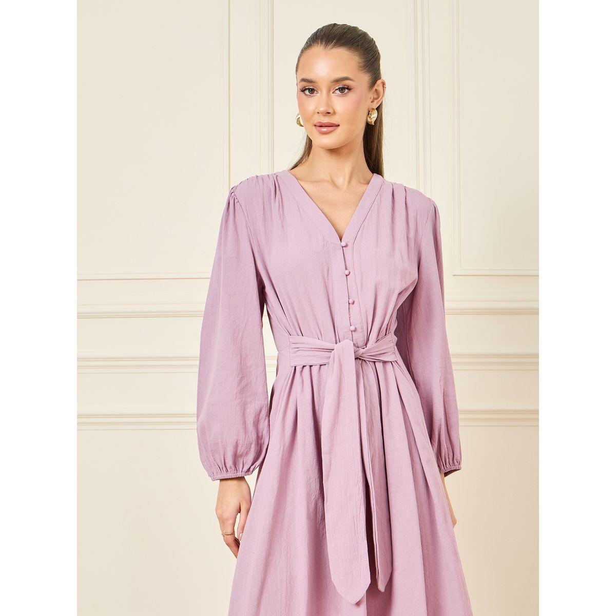 Styli Balloon Sleeves Front Button and Tie Up A-Line Dress-women-clothing-dresses-image-2