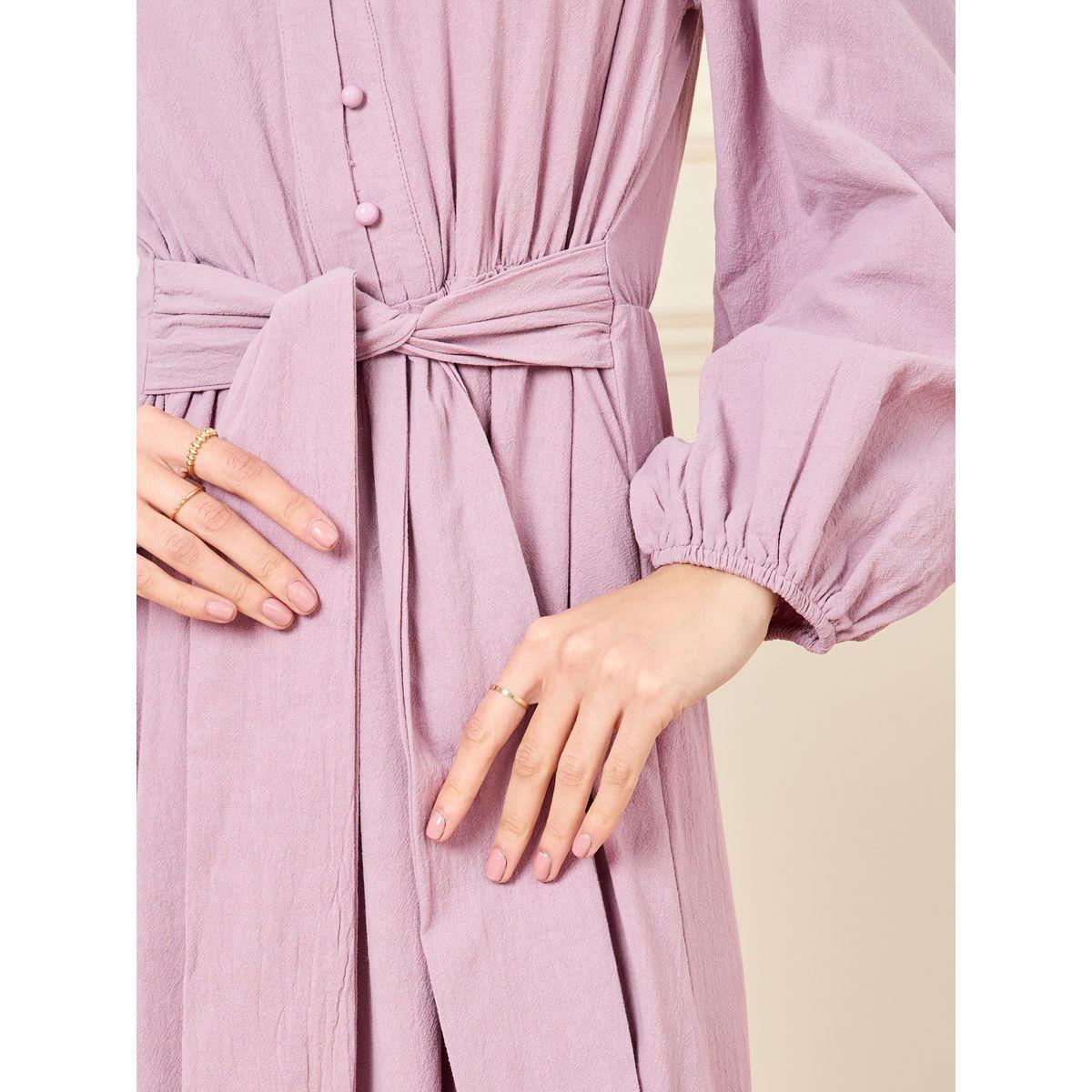 Styli Balloon Sleeves Front Button and Tie Up A-Line Dress-women-clothing-dresses-image-3