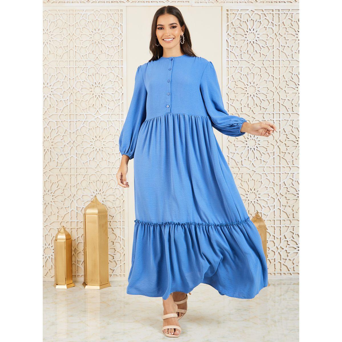 Styli Front Button Volume Sleeve A-Line Maxi Dress-women-clothing-dresses-image-1