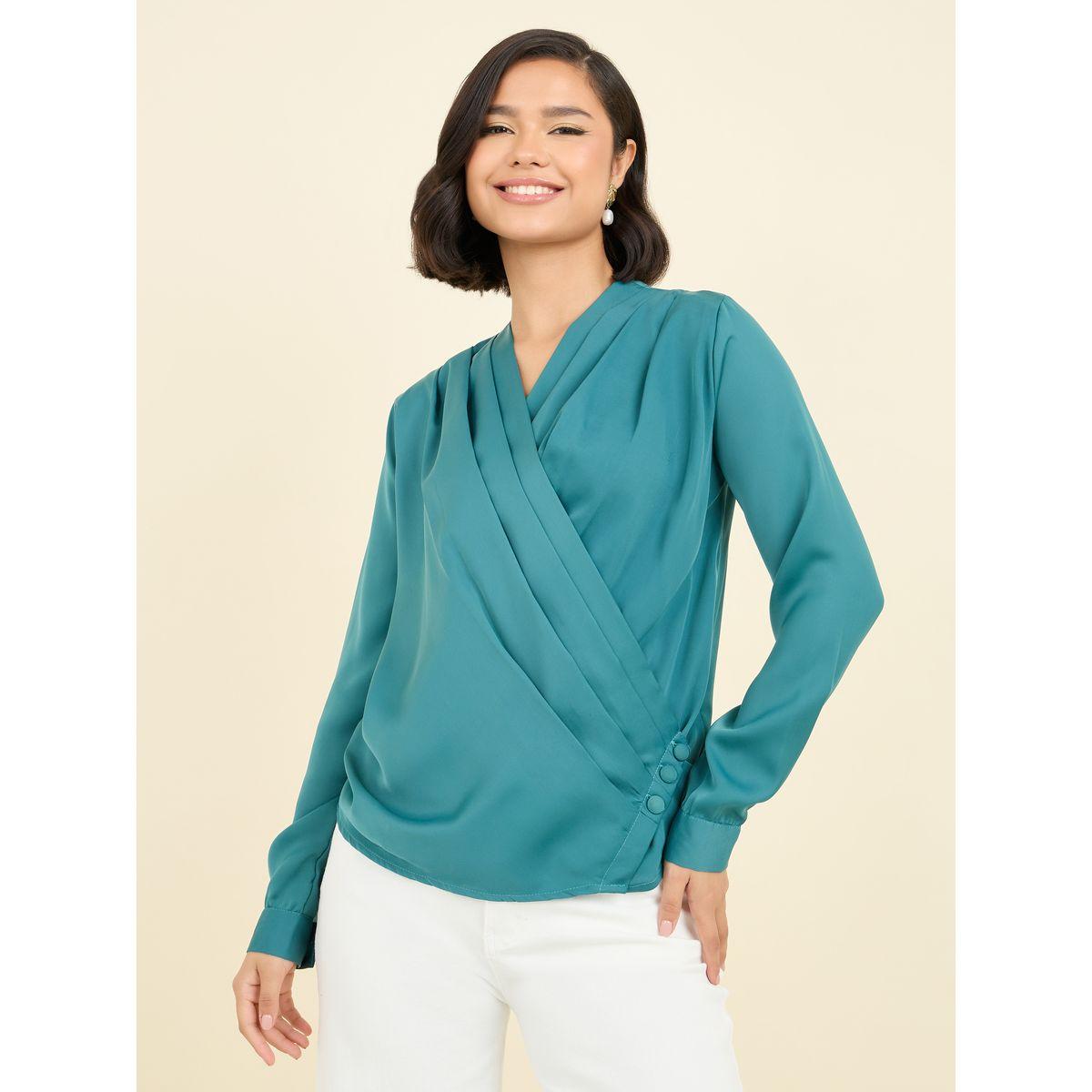 Styli Pleated V Neck Button Closure Wrap Top-women-clothing-shirtsandblouses-blouses-image-1